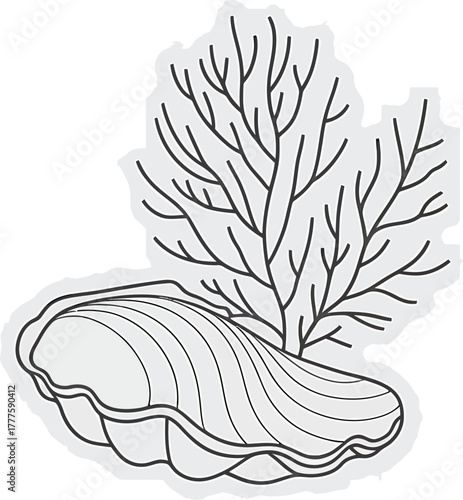 Stylized Outline of a Clam Shell and Coral Branch seashell