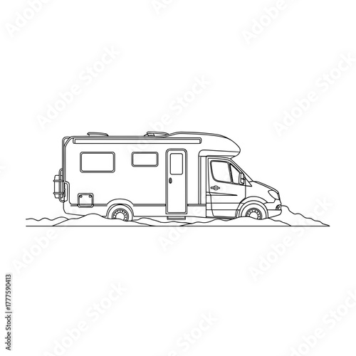 Campervan parked in snow, motorhome, winter travel, vanlife, adventure vehicle, cold weather camping, holiday escape, one line drawing, freedom, cozy trip, exploration, modern nomad, scenic vacation