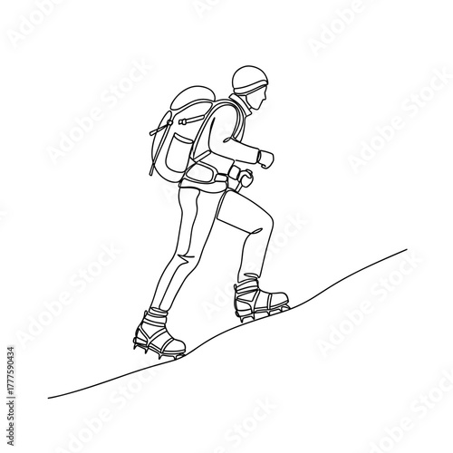 Hiker with crampons on trail, winter trekking, snowy mountains, mountaineering, outdoor adventure, safety gear, endurance, icy slope, minimal one line drawing, strength, determination, exploration