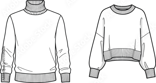 Fashion sweater collection, turtleneck pullover, cropped crewneck knitwear, winter clothing design, cozy apparel, ribbed cuffs, stylish casual outfit illustration