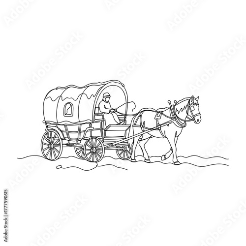 Horse-drawn wagon in snow, traditional transport, winter travel, covered wagon, rural scene, cold season, journey, historic, countryside, outdoor, minimal one line drawing, adventure, simplicity
