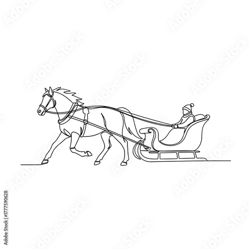 Horse pulling sleigh, classic winter transport, snowy ride, movement, rural tradition, family sleigh, cold weather, outdoor, minimal one line drawing, old-fashioned, festive journey, countryside