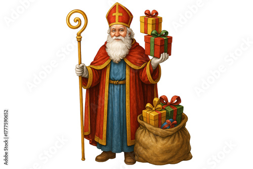 Saint Nicholas with gifts. Christmas. Winter holidays. Kindness and charity.
