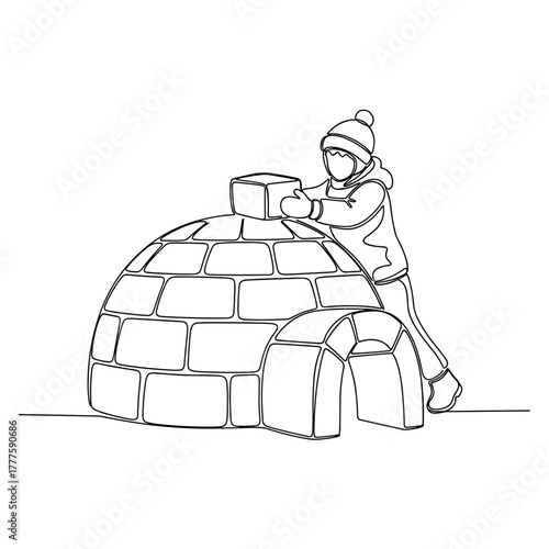 Child building igloo, winter activity, snow construction, kid in warm clothes, creative play, snowy day, outdoor fun, learning, tradition,minimal one line drawing,arctic inspiration,focus, imagination