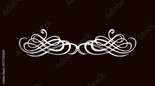 Old cute romantic book ribbon bow swirly tag swoosh element isolated on white paper card backdrop. Freehand black ink pen outline drawn curly corner sketchy in artistic rustic curlicue scrawl style