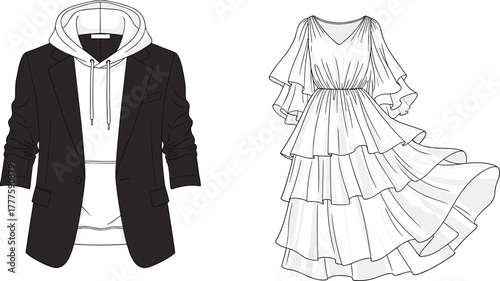 Modern fashion illustration, black tailored blazer with hoodie, layered streetwear style, elegant ruffled tiered dress, couture runway sketch, apparel design