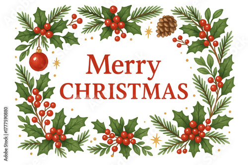 Merry Christmas greeting card with branches and berries. Winter holidays.