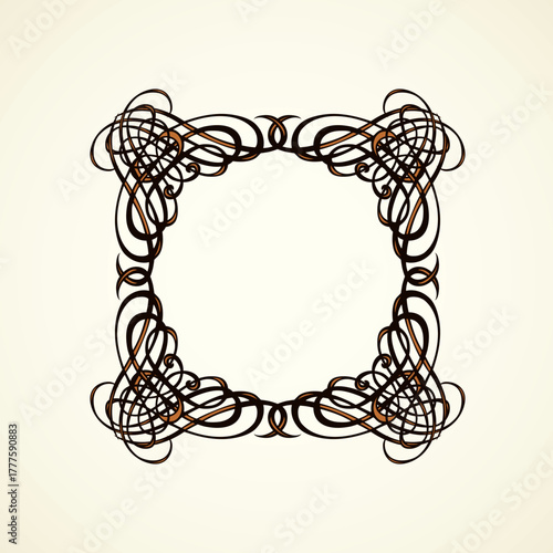 Old cute romantic book ribbon bow swirly tag swoosh element isolated on white paper card backdrop. Freehand black ink pen outline drawn curly corner sketchy in artistic rustic curlicue scrawl style