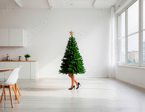 Arbol de Navidad con tacones andando por el interior de una casa
