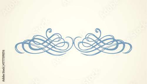 Old cute romantic book ribbon bow swirly tag swoosh element isolated on white paper card backdrop. Freehand black ink pen outline drawn curly corner sketchy in artistic rustic curlicue scrawl style