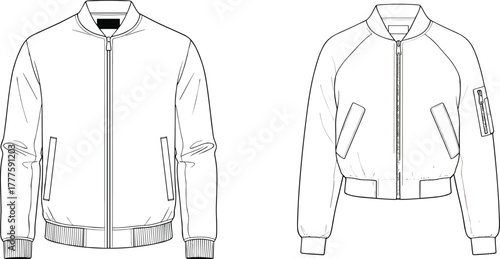 Technical bomber jacket fashion flat sketch, front view apparel design illustration, ribbed collar cuffs hem, zipper closure, sleeve pocket detail