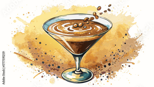 Very beautiful watercolor illustration of espresso martini coffee cocktails, capturing rich brown tones, creamy foam, and artistic splashes for a stylish and elegant beverage presentation.