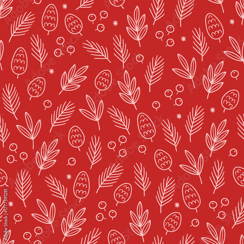Christmas seamless pattern with snowflakes, berries, cones, fir branches, leaves on red background. Perfect for wallpaper, gift paper, winter greeting cards. Vector outline hand drawn illustration