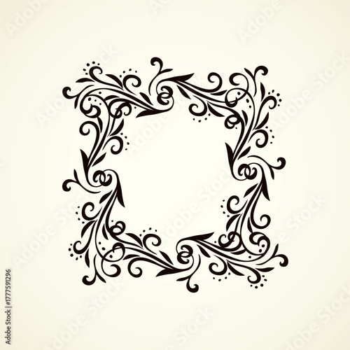 Old cute romantic book ribbon bow swirly tag swoosh element isolated on white paper card backdrop. Freehand black ink pen outline drawn curly corner sketchy in artistic rustic curlicue scrawl style