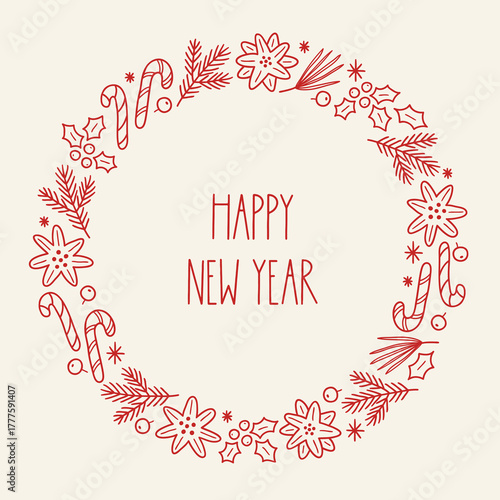 Christmas greeting card with candy cane, holly berry, flowers, fir branches, snowflakes on white background. Perfect for winter holidays and decorations. Hand drawn outline frame, wreath