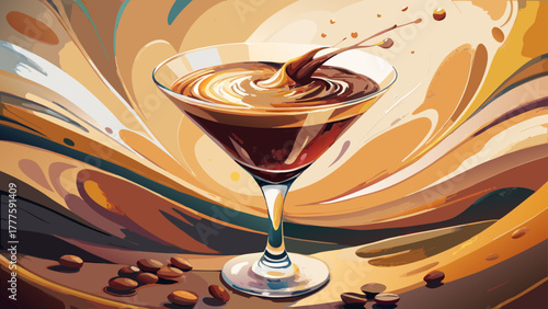 Very beautiful watercolor illustration of espresso martini coffee cocktails, capturing rich brown tones, creamy foam, and artistic splashes for a stylish and elegant beverage presentation.