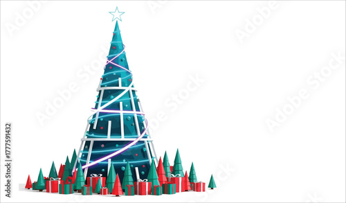 Geometric christmas tree with presents and surrounding pines