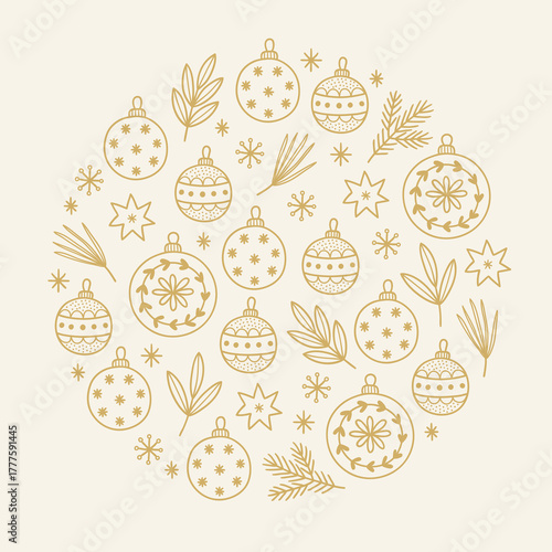 Christmas greeting card with balls, stars, fir branches, snowflakes on white background. Circle ornament. Perfect for winter holidays and decorations. Vector outline illustration