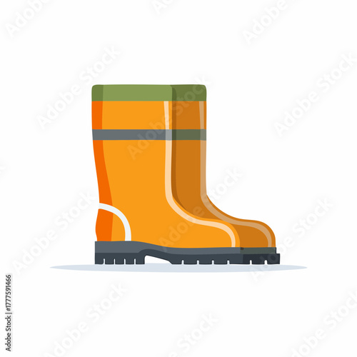 Bright orange rubber rain boots with green top and grey sole for outdoor protection