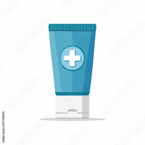 Blue hygiene gel tube with white medical cross symbol on a clean background