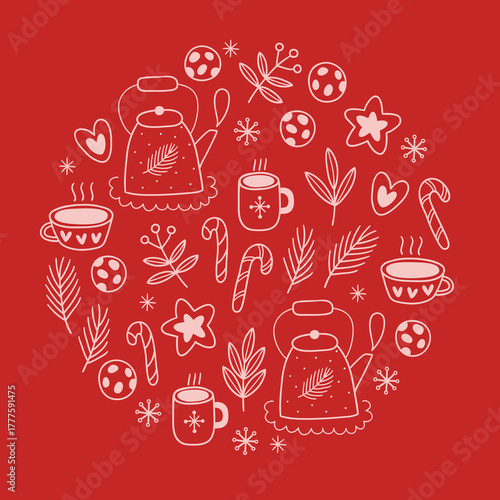 Christmas greeting card with cookies, kettle, cups, candy cane, berries, snowflakes on red background. Circle ornament. Perfect for winter holidays and decorations. Vector outline illustration