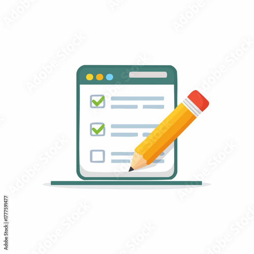 Digital checklist on screen with yellow pencil marking tasks complete