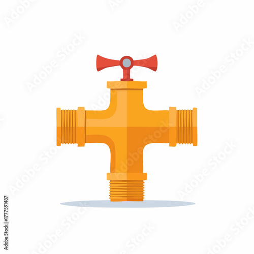 Orange Plumbing Fixture Cross Connector with Red Valve Handle Vector Illustration