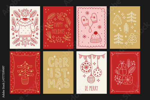 Christmas greeting cards with sweater, snowflakes, mittens, hat, fir branches, stars, balls, trees, garlands in Red, Gold, Pink and White. Perfect for holiday decoration. Vector outline illustration