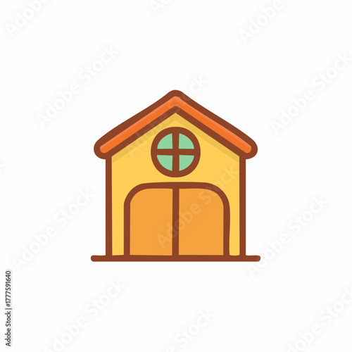 Flat design icon of a yellow barn or storage shed building with orange roof and door