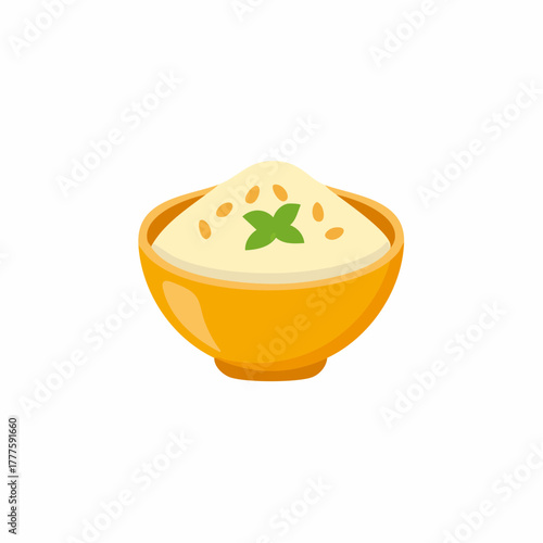 Illustrated yellow bowl of warm porridge with a green herb and seeds