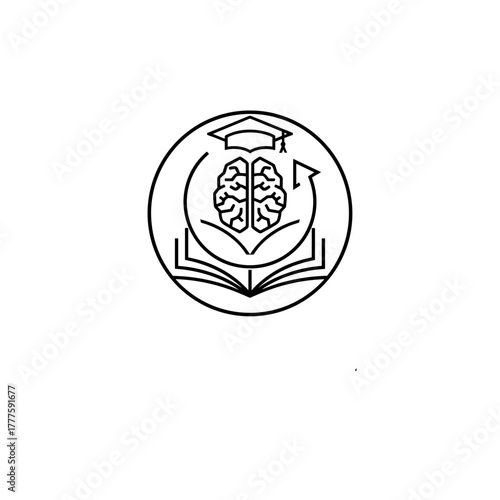 Educational emblem featuring brain, book, and graduation cap design  