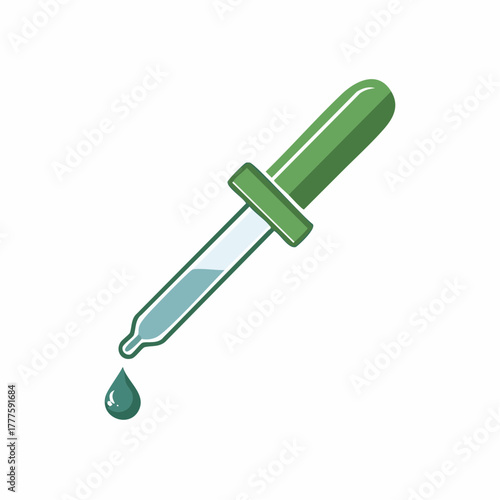 Illustration of a Green Glass Eye Dropper with a Single Drop of Liquid