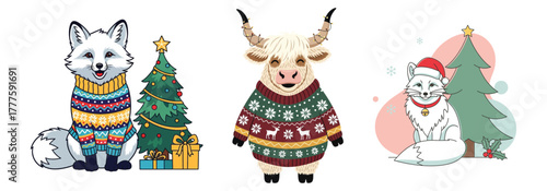 Cute arctic foxes and highland cow in festive winter sweaters for holidays.