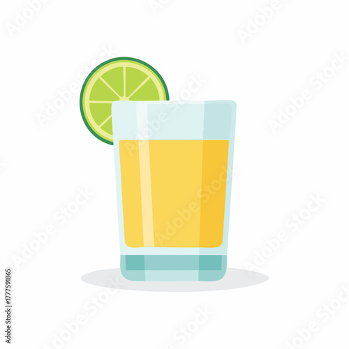 Bright yellow drink in a clear shot glass garnished with a fresh lime wedge vector illustration