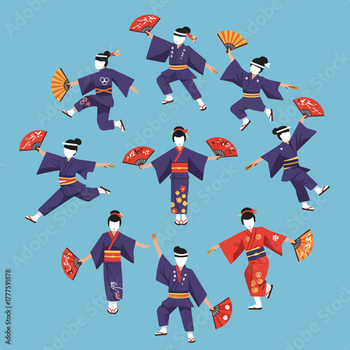 Awa odori dancers in japanese attire with fans. Suitable for cultural events, travel brochures, and dancethemed designs for visuals.