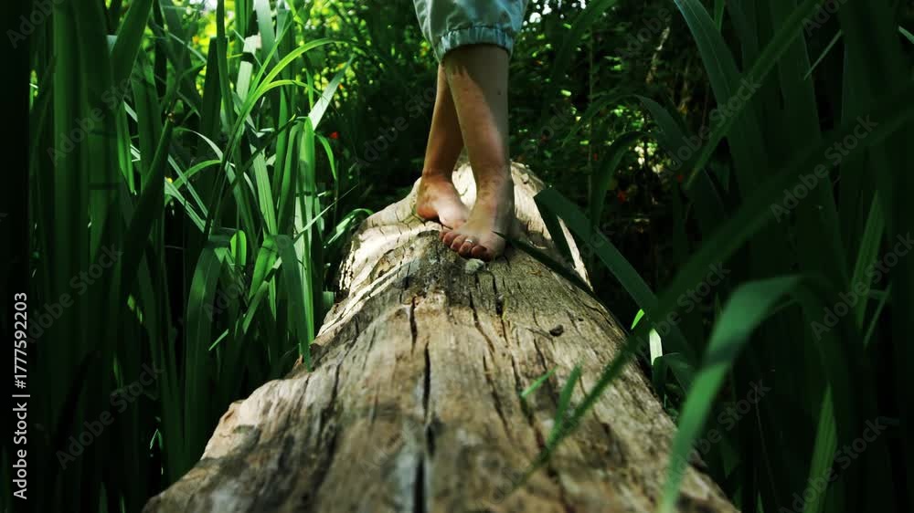 Walking On A Log In The Woods