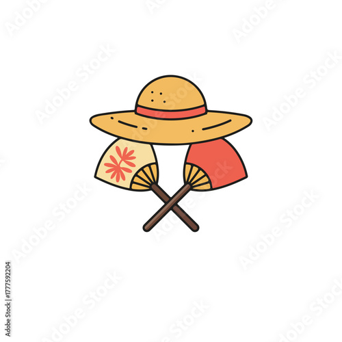 Straw hat, two crossed decorative fans  perfect for summer or travelthemed designs, beach accessories, and fashion events promotions.