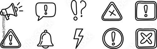 Alert warning and notification symbol collection with hand drawn sketch style icons