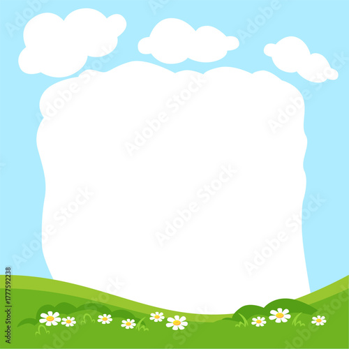 A vibrant summer-themed frame featuring a grassy hill, fluffy clouds, and bright flowers.