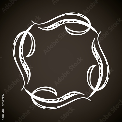 Old cute romantic book ribbon bow swirly tag swoosh element isolated on white paper card backdrop. Freehand black ink pen outline drawn curly corner sketchy in artistic rustic curlicue scrawl style