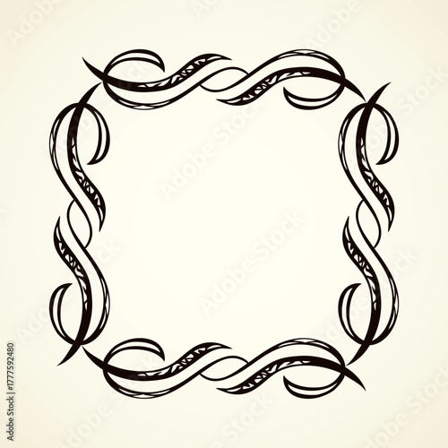 Old cute romantic book ribbon bow swirly tag swoosh element isolated on white paper card backdrop. Freehand black ink pen outline drawn curly corner sketchy in artistic rustic curlicue scrawl style