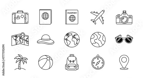 Travel accessories icons including suitcase, passport, and camera  