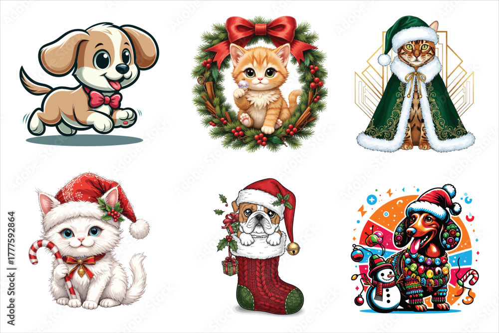 Fototapeta premium Cute cartoon christmas pets: dogs and cats in festive holiday attire