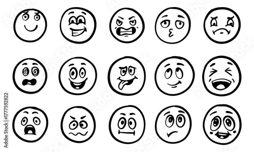 Human emotions smiley doodle hand drawn set. Funny hand drawn faces abstract collection. Cute expression, angry or sad comic communication. Vector illustration