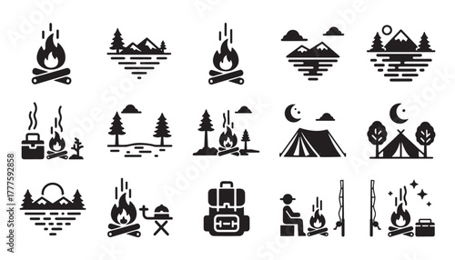 Collection of camping and outdoor adventure icons