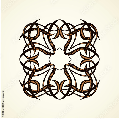 Old cute romantic book ribbon bow swirly tag swoosh element isolated on white paper card backdrop. Freehand black ink pen outline drawn curly corner sketchy in artistic rustic curlicue scrawl style