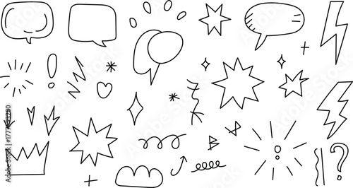 Doodle element collection including speech bubbles stars lightning bolts and artistic crowns