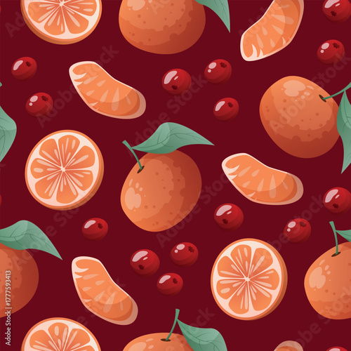 rich seamless pattern with oranges, lingonberries, and cranberries on a deep dark red background. 