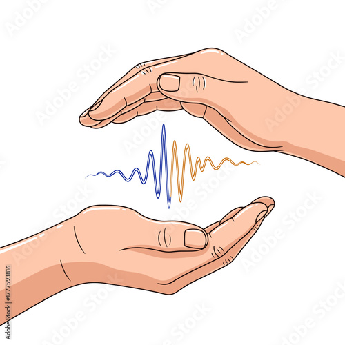 Hands protecting a flickering connection represented by waves  