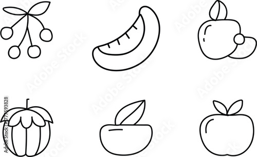 Hand drawn line art illustrations of fruits and berries for creative projects